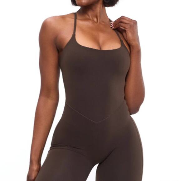 BuffBunny Collection Legacy Flare Bodysuit Cold Brew Open Back Wide Leg Jumpsuit - Picture 5 of 11